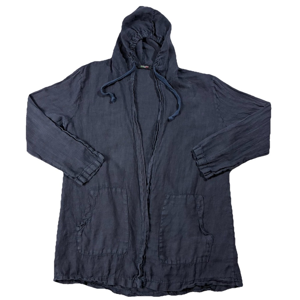 Made In Italy 100% Linen Hooded Open Front Jacket Navy Women's OS Lagom Coastal